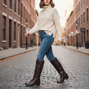 $399 Frye Jane Stitch Dark Brown Real Leather Heeled Knee High Tall Winter Boots